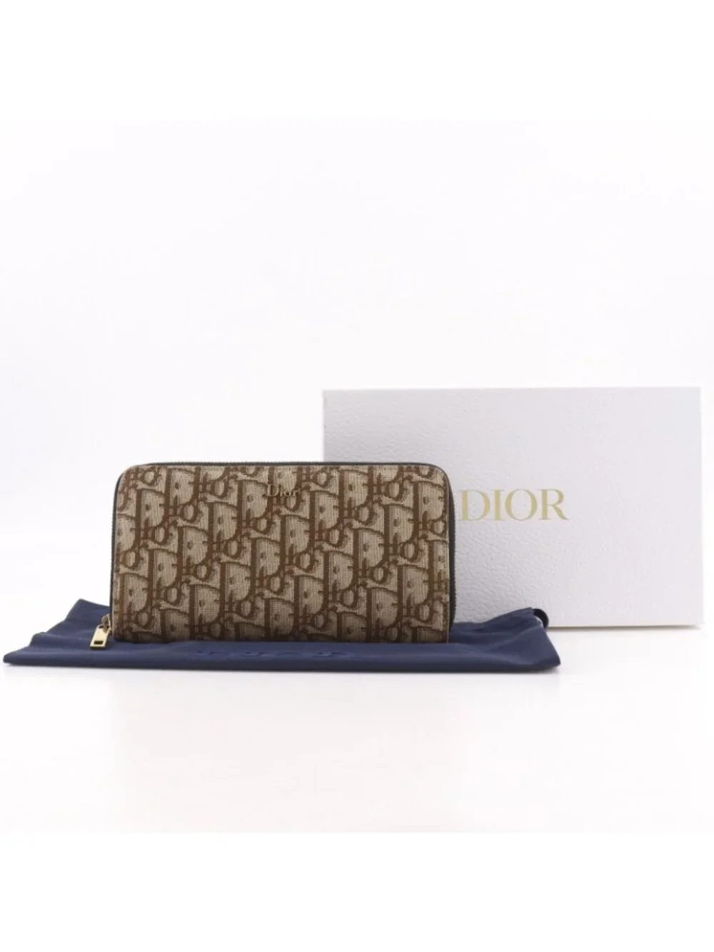 Dior Zip Around Oblique Canvas Brown Wallet